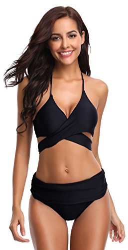 SHEKINI Damen Bikini Set Neckholder Push Up Oberteil Große Brüste Mit High Waist Bikinihosen Bottom Sport Zweiteiliger Geteilter Badeanzug