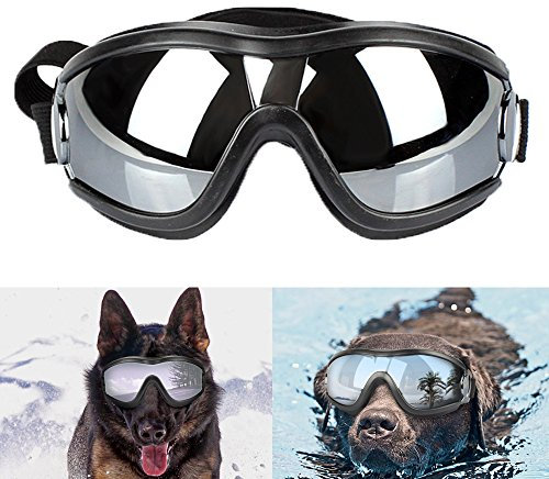DUBENS Fashion Hundebrille Sonnenbrille Wasserdichten Schutz Sun-Brille, UV-Schutz Eyewear Goggles Schutzbrille, Einstellbar Haustier Brillen, Geeignet für mittlere und große Hunde, Schwarz