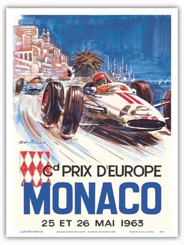 Pacifica Island Art Monaco Grand Prix Europe (Gd Prix D'Europe) – Formel 1 – Vintage-Autorenn-Poster von Michel Beligond c.1963 – Meister-Kunstdruck, ungerahmt, 22,9 x 30,5 cm