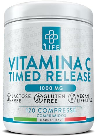 VITAMINA C 1000mg Lento Rilascio Graduale PiùLife, 120 Compresse Integratore Vitamina C Pura Naturale Acido Ascorbico, Antiossidante Naturale Per Sistema Immunitario Vit C 1000mg Rilascio Prolungato