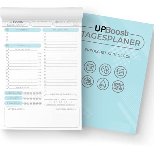 UPBoost® - Tagesplaner A4-50 Blatt - Produktivitätsplaner - To-Do-Liste - Prioritäten - Tagesplanung - undatiert - inkl. E-Book