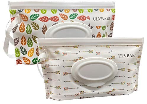ULVBABI Portable Wet Wipe Pouch Dispenser (2 Pack), Reusable Baby Diaper Disposal Bags, Refillable Personal Travel Clutch Dispenser Holder | Keeps Wet Wipes Moist (Leaf & Arrow Pattern)