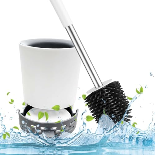 Twin-Pack, Toilet Brush with Drainage Holder Set,Flex Silicone Anti-Clog Anti-Drip Brush Head, White/Grey Colour with Stainless Steel Handle, 2-Pack with Diatomite Drying Pad