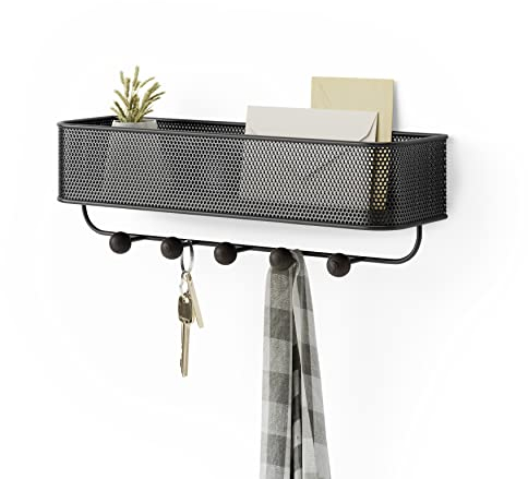 Umbra Estique Schlüsselbrett mit Briefablage, Multifunktionaler Wand Organizer mit 5 Haken, Schwarz/Walnuss