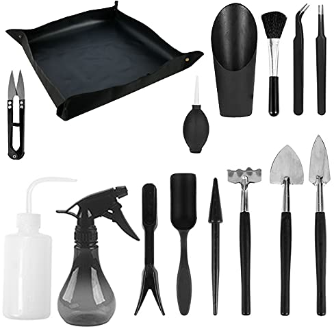 Sukkulenten Werkzeugset, 14 Mini Handgartenwerkzeuge + 1 Topfmatte, Rechen für Zimmerpflanzen, Gartenhandwerkzeuge Schwarz
