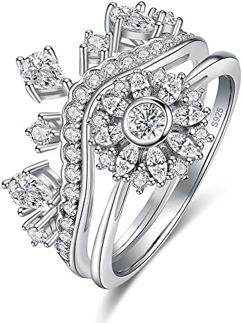 Yaresul 925 Sterling Silber Verlobungsring Set for Damen, CZ simuliert Diamant Blume Ring Krone Trauringe Versprechen Ring für Frau Mädchen