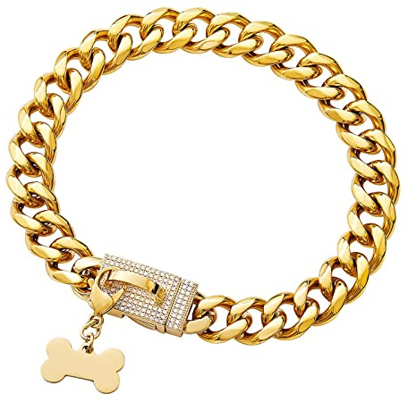 Goldfarbenes Hundehalsband mit glitzernder Zirkon-Schnalle, 19 mm starker Edelstahl, kubanische Gliederkette, Hundehalsband für kleine, mittelgroße und große Hunde
