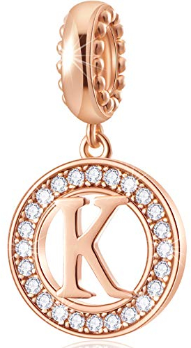 CHAWIN Initial K Letter Charms, Alphabet Rose Gold, Authentic 925 Sterling Silver Charms fit Pandora Charm Bracelets, Necklace, Circle Dangle Gift for Women, Girls, Sparkling Clear Stones