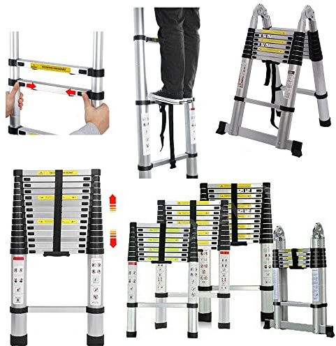 Lucn 4,4M Escalera Multifuncional, Escalera Telescópica, Escalera Plegable de Aluminio Escalera de Apoyo Escalera Multifuncional Extensible Plegable Carga Máx 150 kg Plata