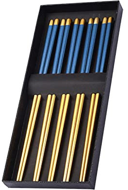 GYYJW Metal Chopsticks Reusable Gold 304 Stainless Steel Chopsticks Dishwasher Chop Sticks Laser Engraved Korean Japanese Chopsticks for Cooking Eating 5 Pairs (Blue)