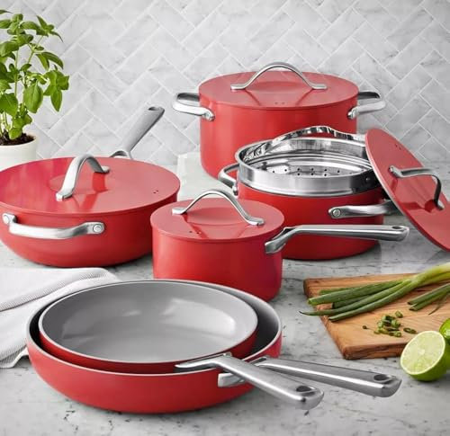 Member Mark 11 Piece Modern Ceramic Cookware Set With Smart Kitchen Tools Set (Assorted Colors) (Red)
