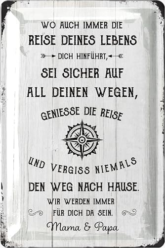 LANOLU Retro Blechschild Genieße die Reise deines Lebens - Emotionales Geschenk Tochter oder Sohn von Mama und Papa - Erste Wohnung Geschenk Auszug Jugendweihe 20x30cm