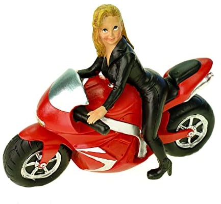Kremers Schatzkiste Spardose Sexy Motorradfrau 21cm Handbemalte Polyresin Figur - Motorrad Geschenk - Geldgeschenk für Biker - Dekofigur 16x21x9cm - Lederoutfit