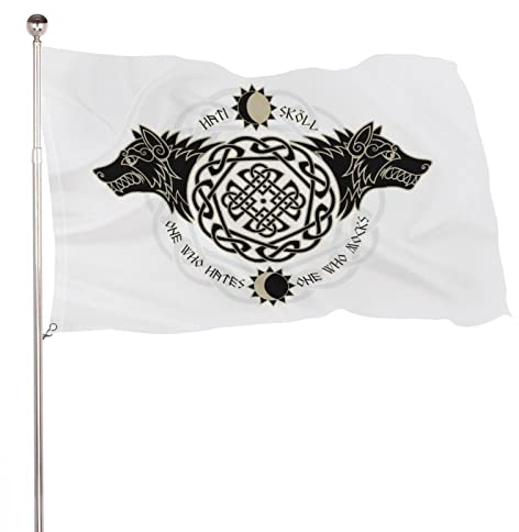 NIBABAEU Dekorative Hausflagge, Hofbanner, zwei Wölfe, nordische Wikinger-Runen, Urlaub, Willkommensflagge, Rasen-Hängedekoration, 120 x 180 cm