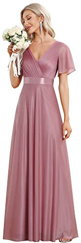 Ever-Pretty Women's Formal Dresses High-Waisted Deep V-Neck Flutter Sleeve Elegant Long Dress Orchid 14