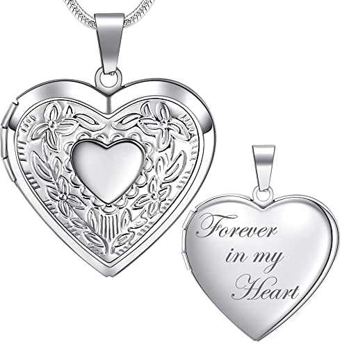 Farfume Heart Locket Necklace for Women, Engraved Text Hold Two Photos Necklace, Personalised Photo Jewellery Gifts for Family& Friends(1A Floral-Silver)