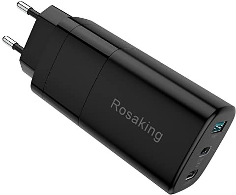 Rosaking Cargador Rápido USB C 65W,3 Puertos GAN Cargador PD para MacBook Pro/Air,Compatible con Galaxy S23/S22/S21/S20;para iPhone 14/13