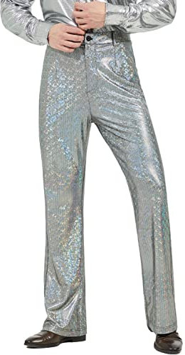 WULFUL Herren Metallic 70er Jahre Disco Kostüm Pailletten Party Jogger Hose, silber, Klein