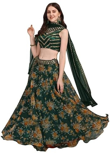 Lehenga Choli Organza Zari Sequin Work Semi-Stitched Free-size fino a 106,7 cm, Verde (Lehenga Cucito e camicetta non cucita), Nero e rosa., taglia unica
