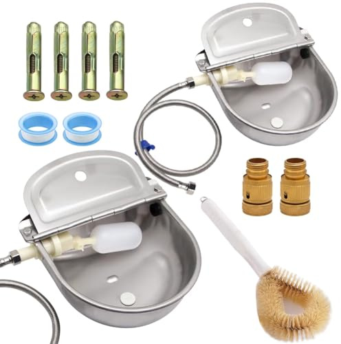 Automatic Animal Drinking Water Bowl with Float Valve and Drainage Hole, 304 Stainless Steel Livestock Dispenser Waterer Kits Included Water Hose, 3/4''Adaptor, Float Valves Mounting Bolts (2 Sets)