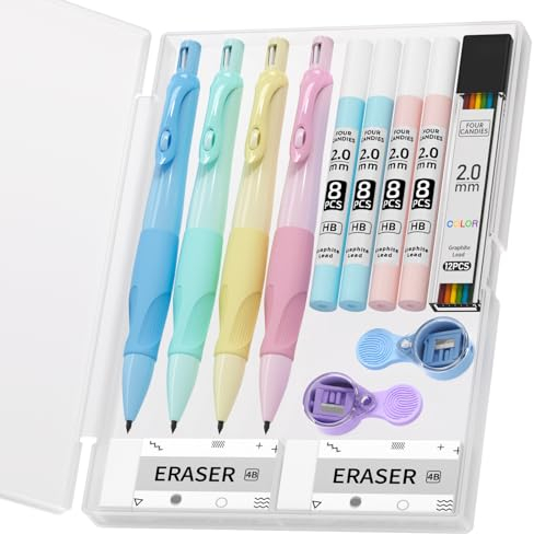 Four Candies Lot de 4 porte-mines ergonomiques pour enfants, 4 porte-mines mignons de 2 mm avec 44 mines HB, 2 taille-crayons/gommes, lot de mines pour écrire et dessiner