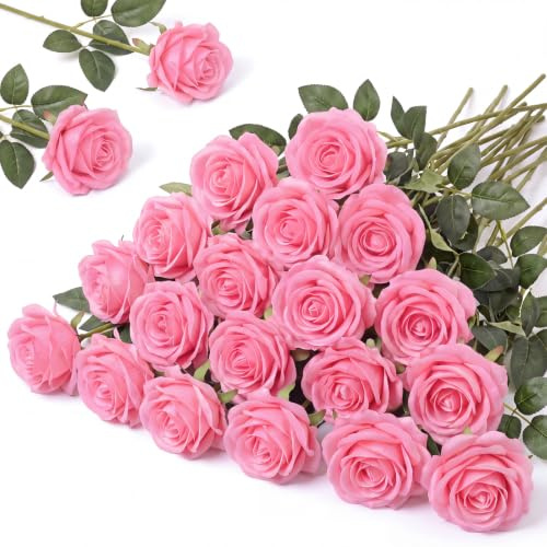 Hotop 20 Pcs Rose Artificial Flowers with Long Stem Realistic Silk Roses Bulk Real Touch Plastic Bouquet of Roses for Home Bridal Wedding Party Table Centerpieces Decorations(Pink)