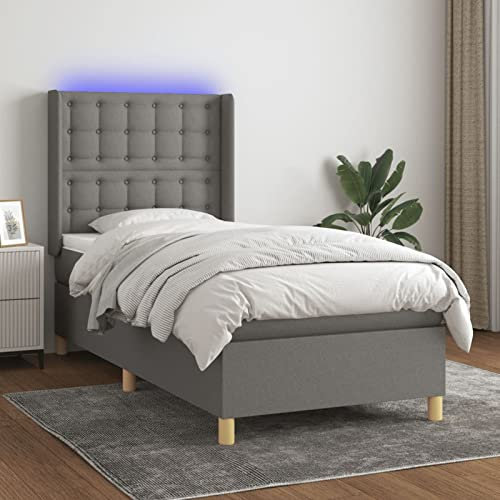 SECOLI Polsterbett 90x200 mit matratze & LED Boxspringbett mit Matratze Bett Komplett Stoff Bett mit Lattenrost und Matratze-Dunkelgrau-Knöpfe-90 x 200 cm