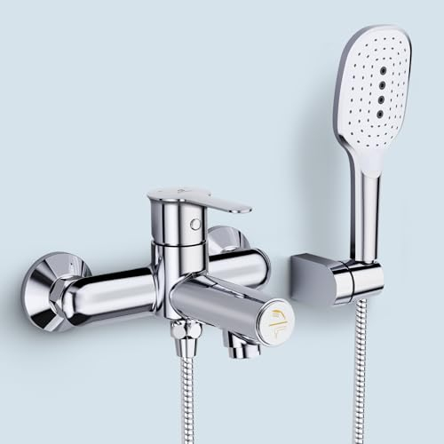 KULACO Rubinetto per vasca con doccetta, rubinetto per vasca con pressostato, rubinetto per vasca monocomando in ottone, rubinetto per vasca cromato con 3 funzioni, miscelatore per doccia per bagno