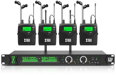 XTUGA RW2090 Wireless in Ear Monitor System, Mono IEM Monitoring with Dual Channel 2 * 100 Frequencies, 230ft(70m) Operation, Bluetooth Earphone Fit for Stage, Studio and Band (4 Bodypacks)