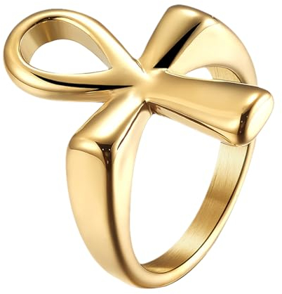 OIDEA Ankh Ring aus Edelstahl Gold: Vintage Ankh Kreuz Ringe Herren Damen Ägyptisch Fingerring Religiöses Partnerring Retro Freundschaftsring Schmuck Geschenk für Männer Frauen Größe 57