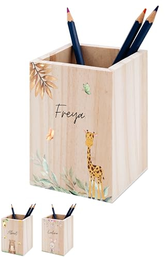 wunderwunsch® - Personalisierter Stiftehalter Kinder aus Holz - Kreativer und praktischer Schreibtisch-Organizer Kinder mit Namen - Perfektes Einschulung Geschenk und Geburtstag (Giraffe)