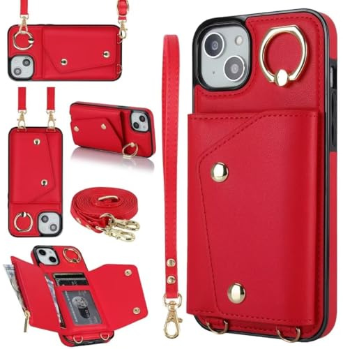 Ufgoszvp für iPhone 7 Plus/8 Plus Handykette Hülle mit Ring, Premium Lederhülle stoßfest Handyhülle Leder Klapphülle Kartenfach Kordel zum Necklace Schutzhülle für iPhone 7 Plus/8 Plus rot