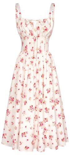 SCARLET DARKNESS Robe d'été victorienne décontractée sans manches avec bretelles spaghetti pour femme - Robe florale pour l'été, la plage, Abricot et fleurs roses, XXL