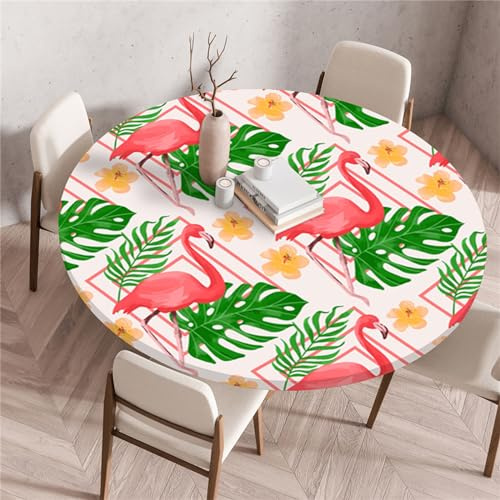 Morbuy Elastische Tischdecke Rund Wasserdicht, Monstera Blätter Tropisch Stil Tischdecke mit Gummizug Rund Tischdecken Tischtuch Abwischbar Gartentischdecken (Durchmesser 120cm,Rosa Flamingo)