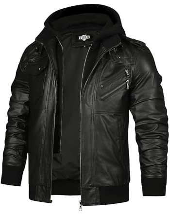HOOD CREW Echtes Lederjacke Herren Rindsleder Bikerjacke Wintermäntel mit Kapuze für Herren