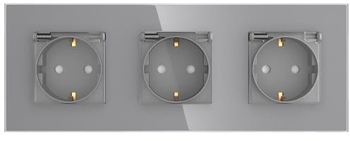 PULSAR Steckdose Unterputz Grau Glas - mit Deckel und gehärtetem Glasrahmen - Wandsteckdose 3-Fach mit Klappdeckel 230V 16A für Feuchtraum