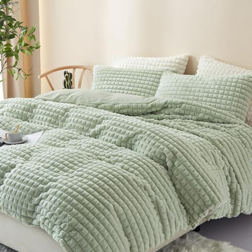 Freyamy Plüsch Bettwäsche 200x200cm Grün Flauschig Kunstfell Winterbettwäsche Warme Flanell Fleece Deckenbezug Samt Biber Cashmere Touch Bettbezug mit Reißverschluss und 2 Kissenbezug 80x80cm