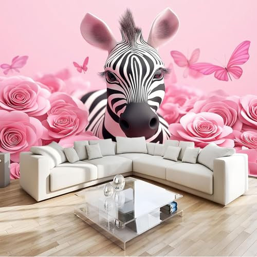 Tapete 3D Effekt Rosa Rose Zebra Fototapete Wohnzimmer 400 x 280 cm Vlies Tapeten Wandtapete Moderne Wanddeko Wand Dekoration Wohnzimmer Schlafzimmer Büro Flur