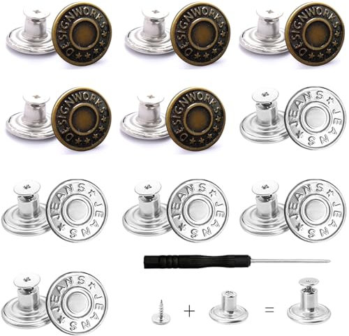 Jeansknöpfe, Ersatz-Jeansknöpfe, verstellbare Jeansknöpfe, Knopfnadeln für Jeans, mit einem Schraubendreher, kein Nähen, Jeansknopfnadeln (10 Stück mit 1 Schraubendreher)