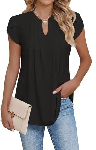 Cuptacc Tee Shirt Femme Manche Courte Col en V Chemisier Chic et Élégant | Ete,Chic,Elegant,Manches Pétale,Plissée,Décontractée,Couleur Unie,Fleurs,Mode,Grande Taille,Ample,Basique