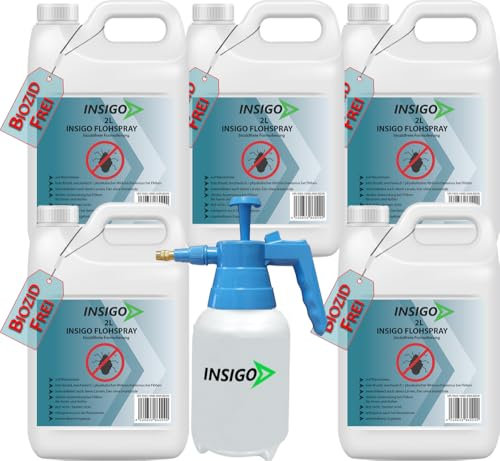 INSIGO Flohspray für Wohnung und Möbel 10L + 2L Drucksprüher - Abwehrspray gegen Flöhe mit Sofortschutz - Floh-Spray für Hunde und Katzen - Flohmittel hochwirksam & laborgeprüft