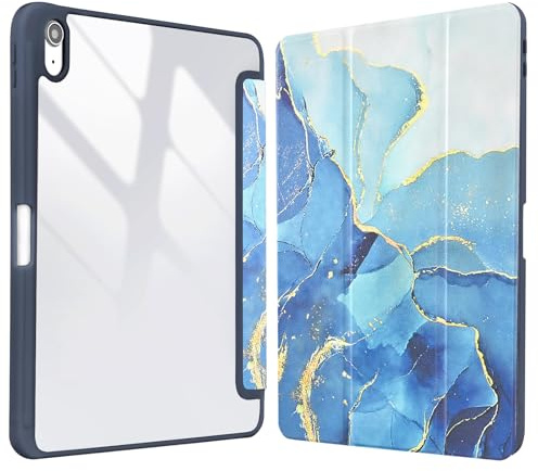 Vozehui 11/10.9 Zoll Hülle für Blauer Marmor iPad 11/10th Generation 2025/2022 mit Clear Back Shell mit Bleistifthalter, Tri-fold Stand Schutzhülle mit Auto Sleep Wake für iPad 11/10th Generation