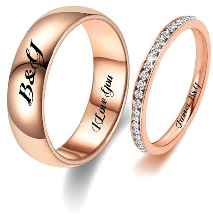 Personalisierter Ring Schwarz Eheringe Edelstahl Set,Pärchen Ringe Mit gravur Paar Eheringe Partnerringe Verlobungsringe für Frauen,Wolfram Männer Ringe Größe 49 bis 70 (Roségold Ring für Paare)