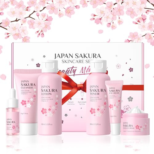 BeauBase 6 Stück Sakura Gesichtspflege Geschenk Mädchen Beauty Set | Hautpflege Set Reis Teenager mit Cleanser Toner Essenz Augen Serum Creme, für Frauen Weihnachten Valentinstag Geburtstag