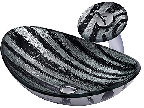 JIPOFAN Lavabo Vasque de Salle de Bain Meuble-lavabo en Verre trempé lavabo Vasque Ovale avec Robinet et évacuation au-Dessus du lavabo, Motif écorce