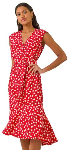 Roman Originals Floral Frill Buttoned Dress for Women UK - Ladies Everyday Holiday Spring Summer V-Neckline Comfy Soft Evening Vacation Work Party - Red - Size 18