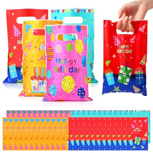 Brencco Geschenktüten Kindergeburtstag, 50 Stück, 16,5 × 25 cm, 4 Farben | Mitgebseltüten für Kinder in 4 Farben, für Süßigkeiten und kleine Spielzeuge bei Party, Schule und Kinderfesten