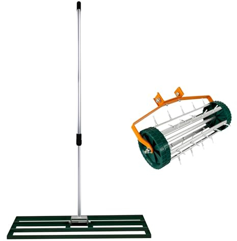 Lawn Leveller & Aerator Manual Grass Roller 3.8cm Spikes 100cm x 32cm Green Levelling Rake Lute Removable Dual Purpose Extendable Handle 1.15-1.9m Easy Grip Heavy Duty Steel Aluminium Garden Tool