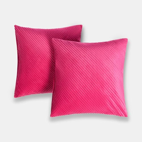 OHS Set of 2 Cushion Covers 45 x 45cm, Ultra Soft Velvet Pleated Design Decorative Square Throw Pillow Covers with Invisible Zipper for Couch Living Room Bedroom, Bright Pink