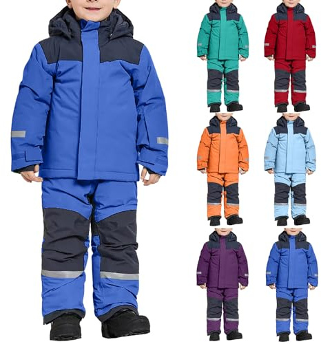 2026 Kinder Skianzug Jungen mit Kapuze Skioverall Winddichte Schneeoverall | Mädchen Warmer Wasserdichte Schneeanzug Dickere Winter Daunenjacke mit Reflektierenden Streifen Skibekleidung